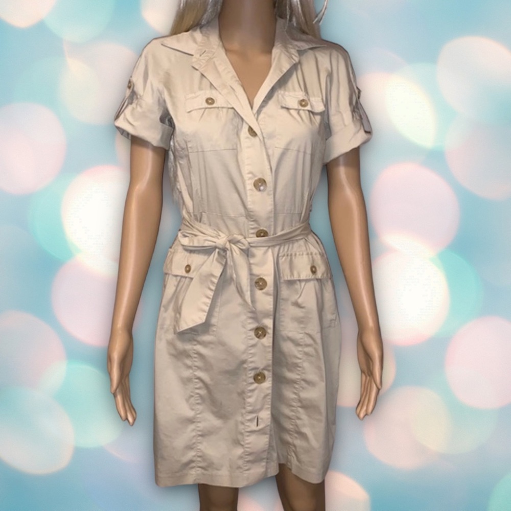 Vintage Banana Republic Women’s Beige Khaki Front Belt Safari Button Dress 10